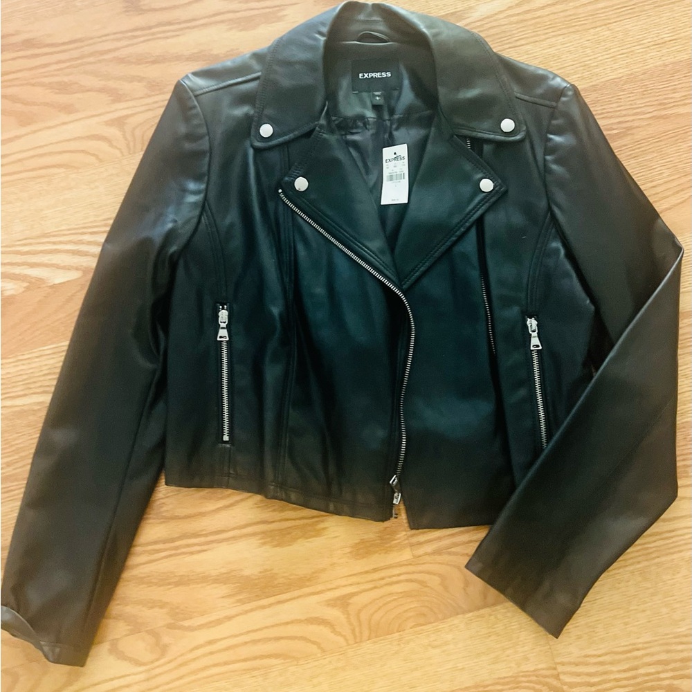 Express Black Faux Leather Moto Jacket with Silver Hardware